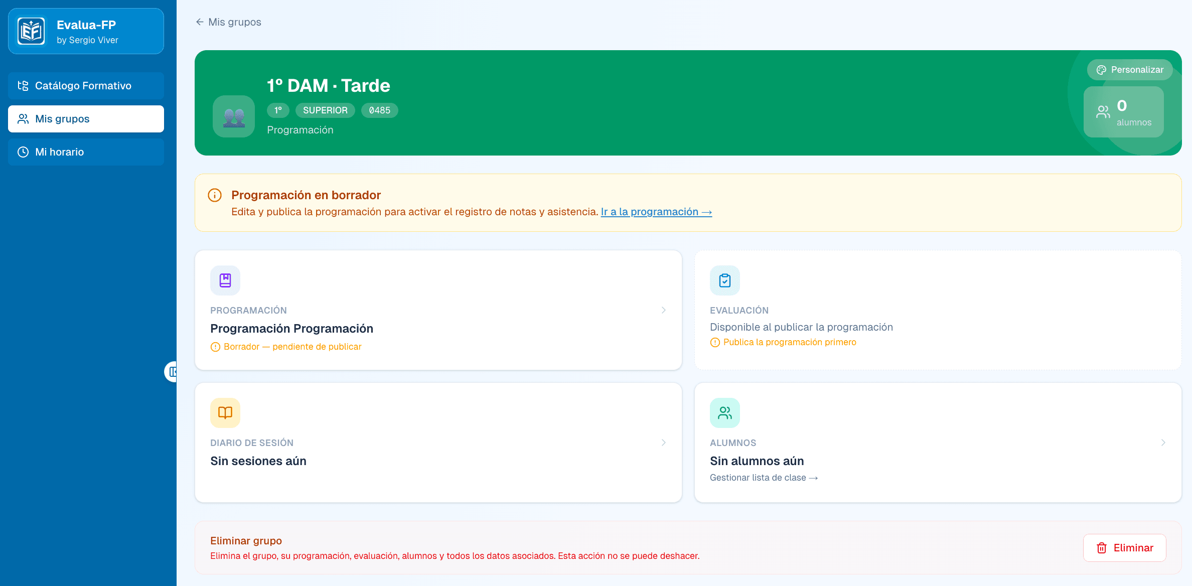 Hub del grupo — vista general con las cuatro tarjetas de acceso