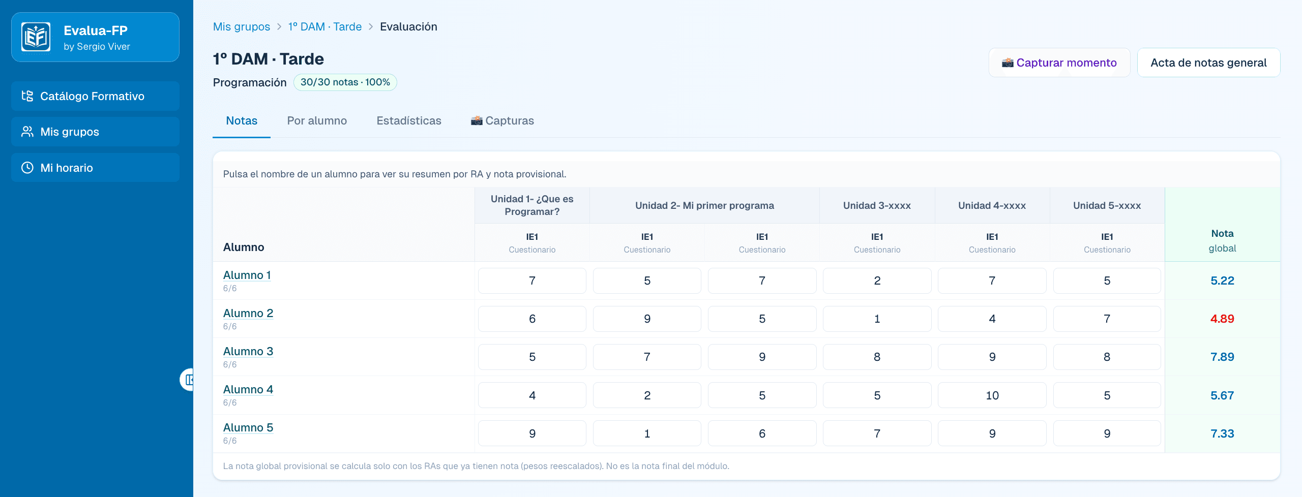 Matriz de evaluación — vista completa