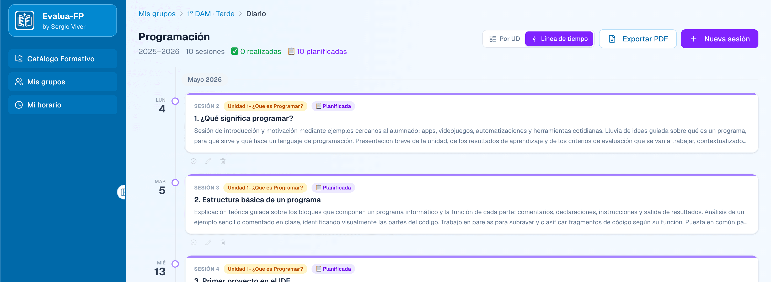 Diario de sesión — línea de tiempo de entradas