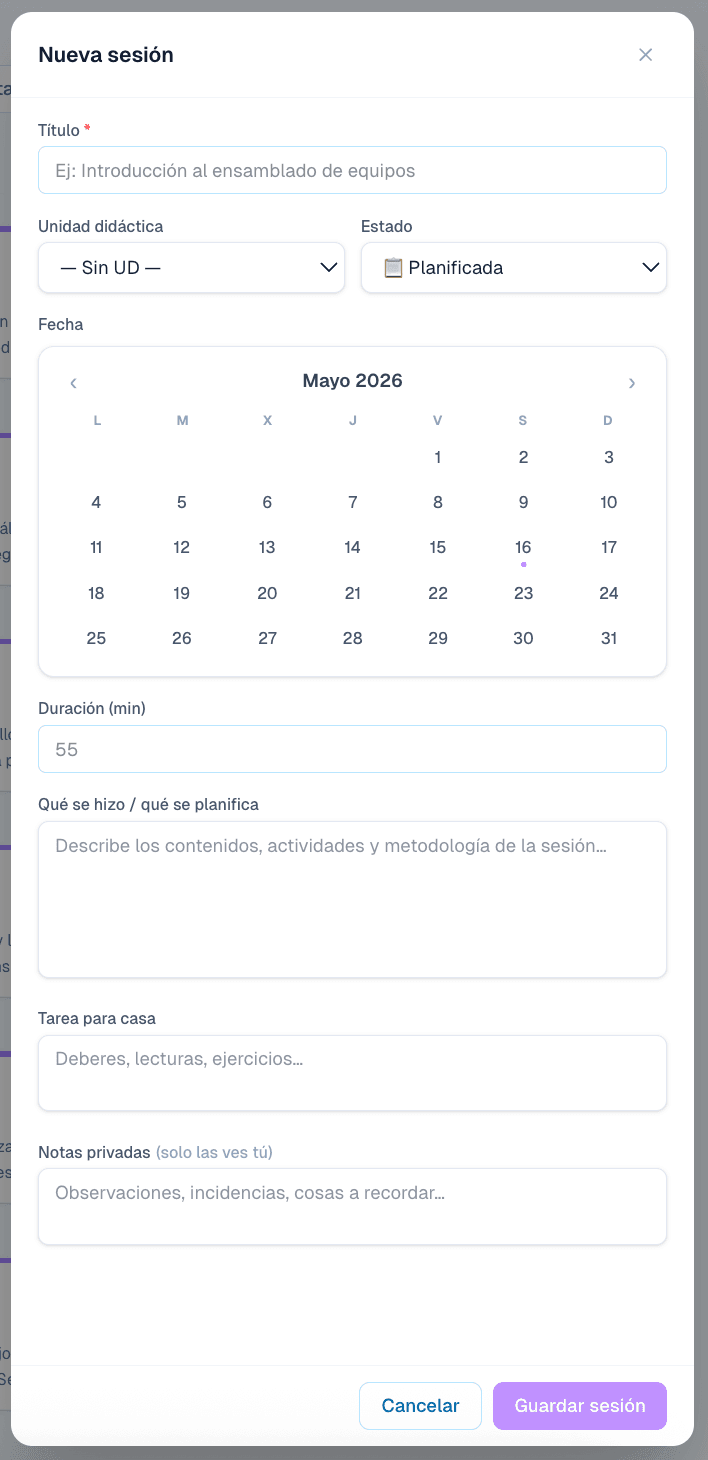 Formulario de nueva sesión