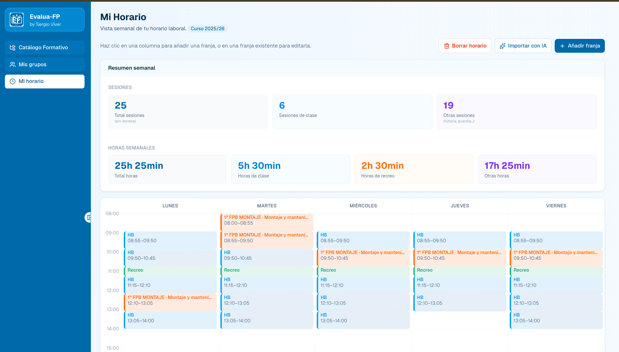 Mi horario — cuadrícula semanal con grupos asignados
