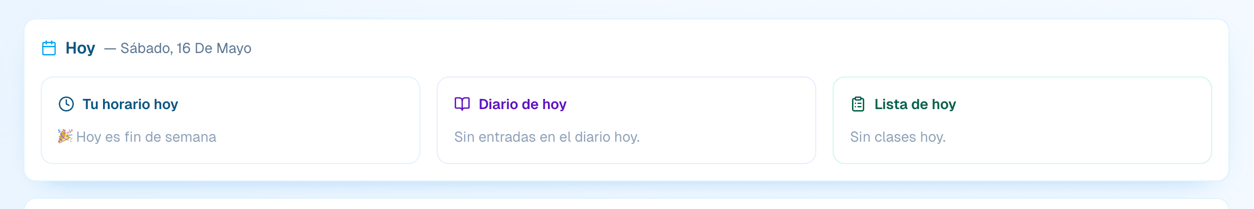 Dashboard — widget 'Hoy' con clases del día
